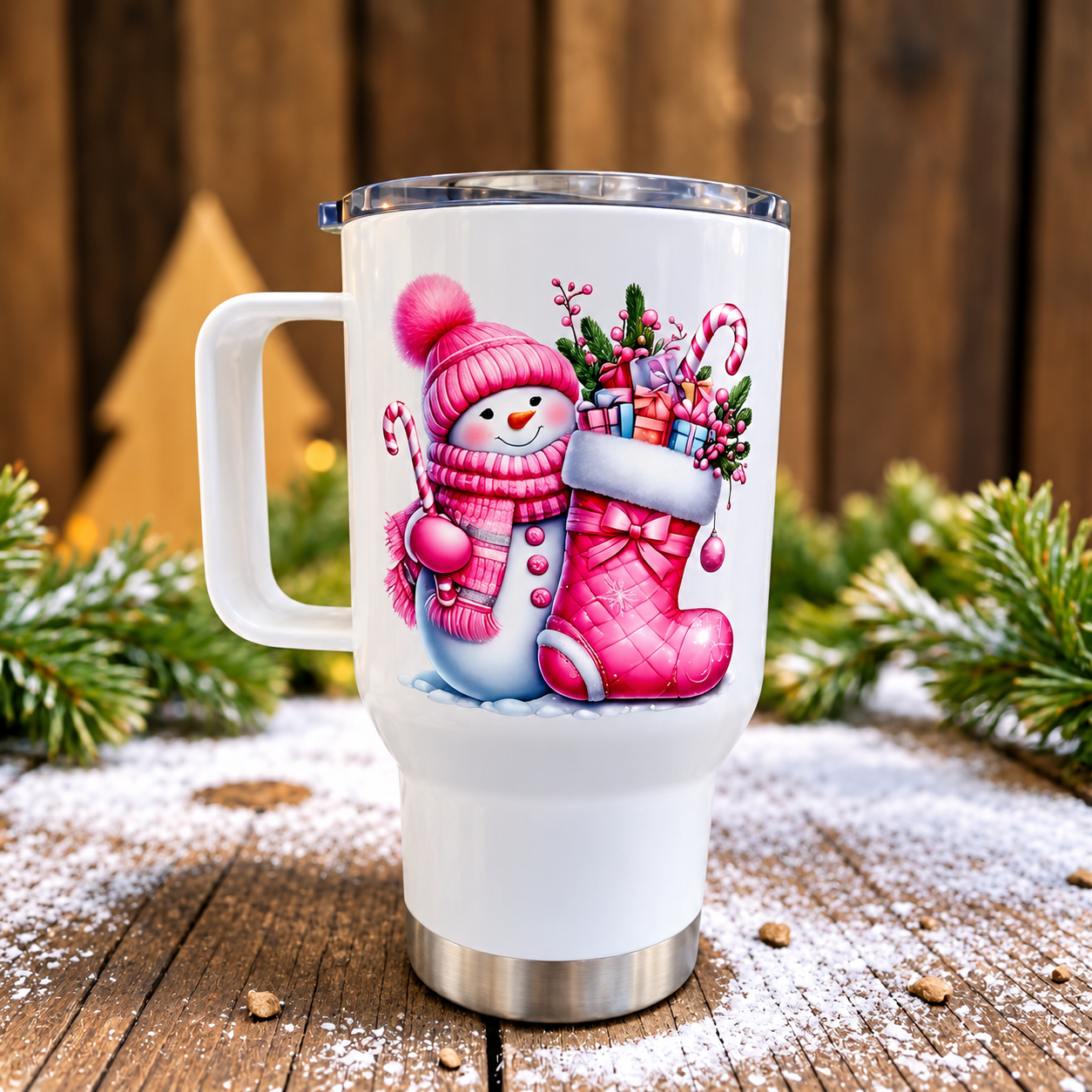 Cestovní termohrnek „Růžový sněhuláček s vánoční punčochou“ – 450 ml